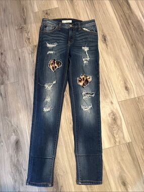KanCan Dark Blue Skinny Jeans with Leopard Patch Accents